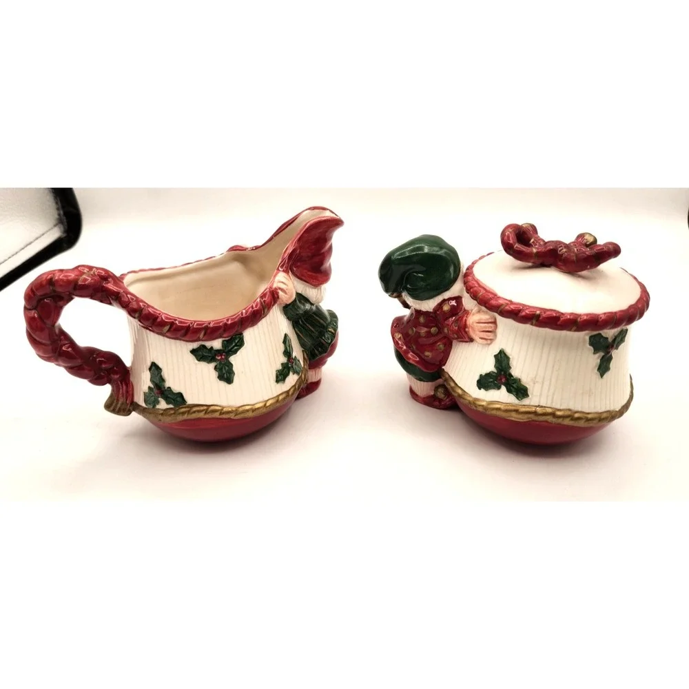 Fitz & Floyd Old World Christmas Elves Sugar Bowl & Creamer 1989 Santa Ceramic